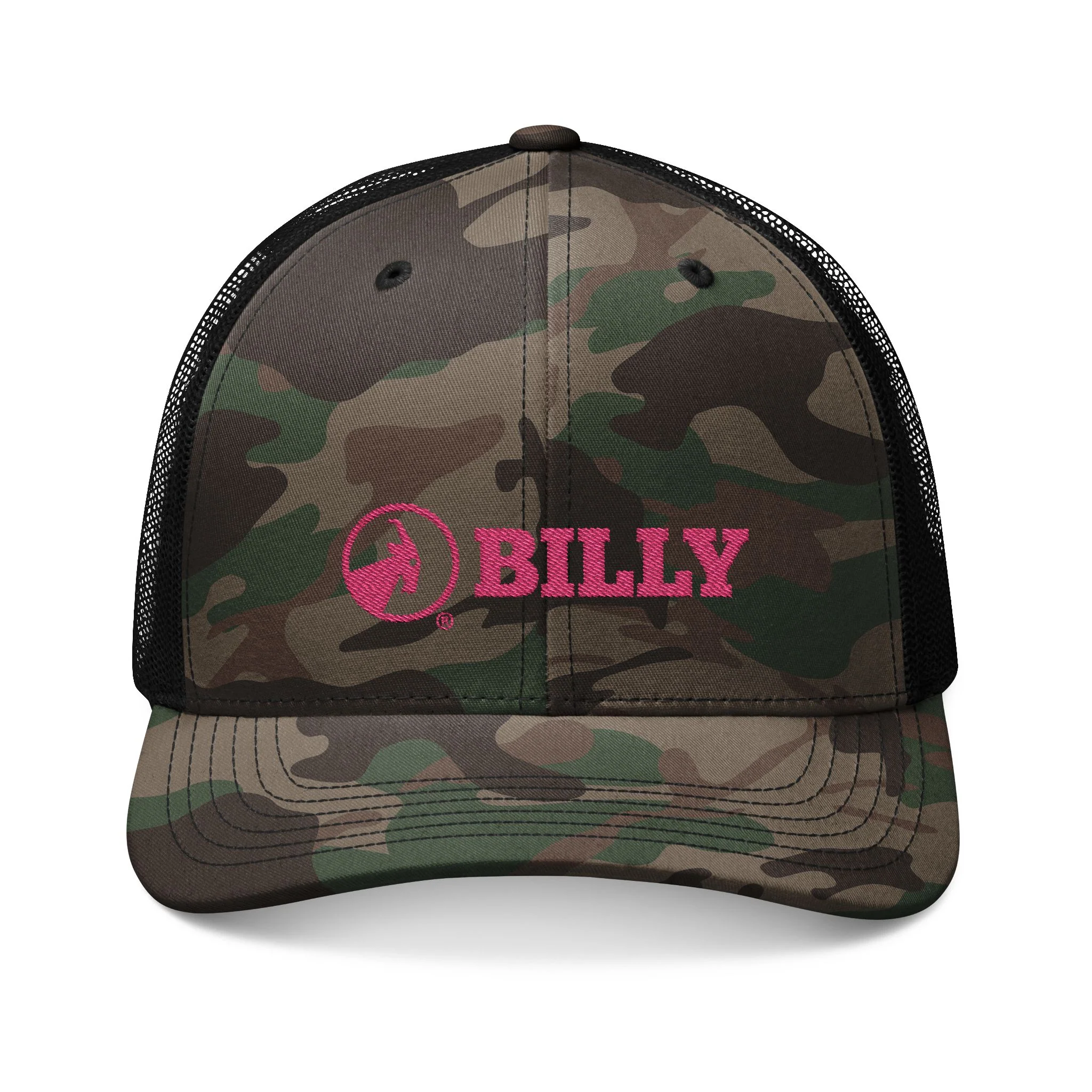 BILLY Camouflage Trucker Hat (Pink Horizontal Logo - Embroidery) - Image 3